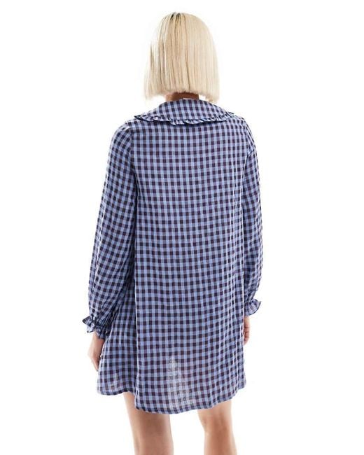 Daisy Street Blue Gingham Shift Smock Dress With Ruffle Collar