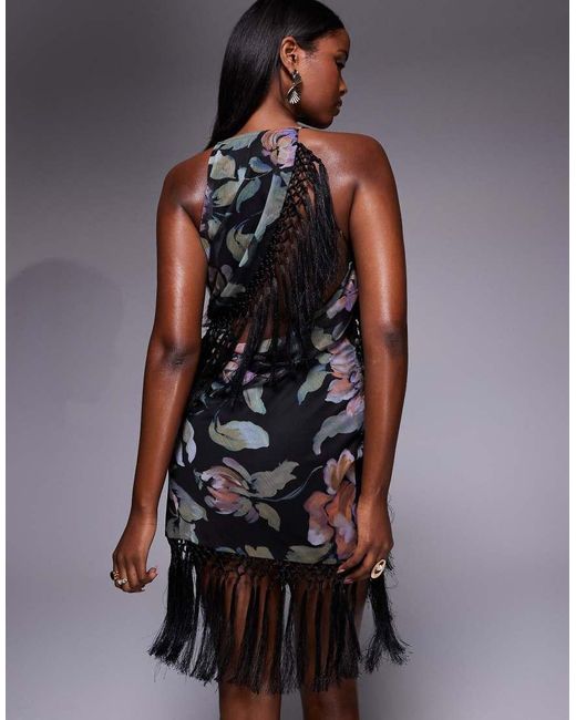 ASOS Multicolor Layered Fringe Detail Cowl Plunge Mini Dress With Drape Open Back
