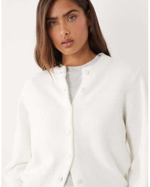 ASOS White Waisted Crew Neck Cardigan With Wool With Covered Buttons