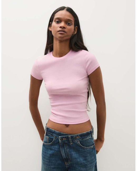 Bershka Pink Short Sleeve Round Neck T-Shirt