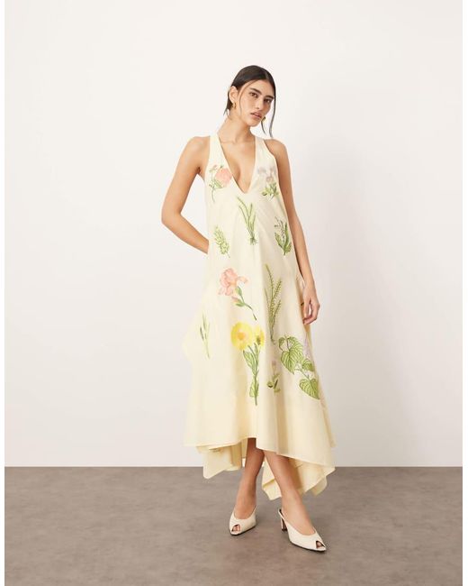 ARRANGE Natural Cotton Floral Embroidered Plunge Midi Dress