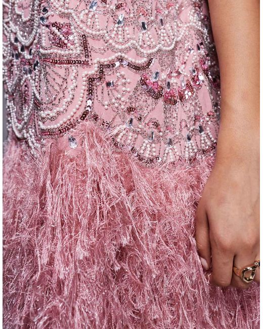 ASOS Pink Curve Embellished Scoop Neck Mini Dress With Faux Feather Hem