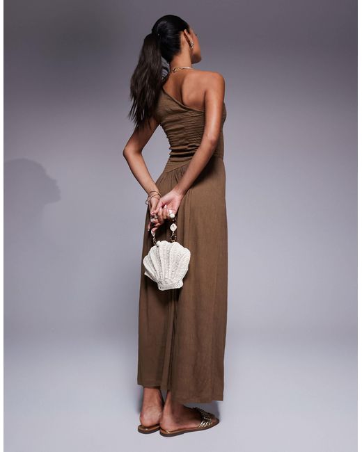 Robe asymétrique longueur mollet en tissu froissé avec taille basse corsage froncé - chocolat ASOS en coloris Brown