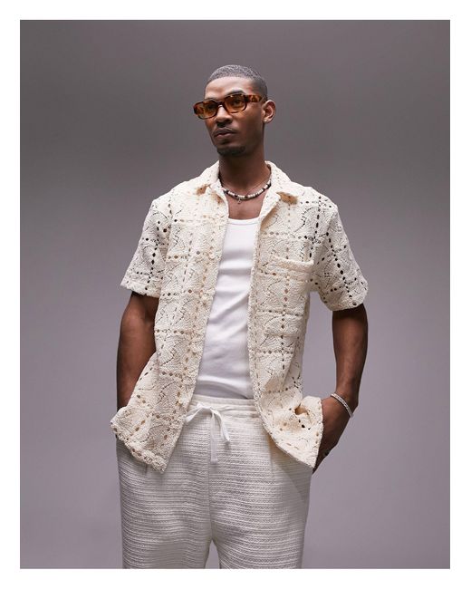 Topman Natural Short Sleeve Crochet Revere Shirt for men