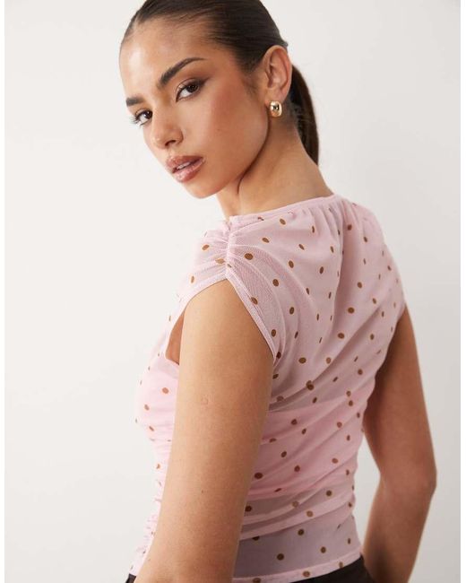ASOS Pink Mesh Gathered Short Sleeve Off Shoulder Top