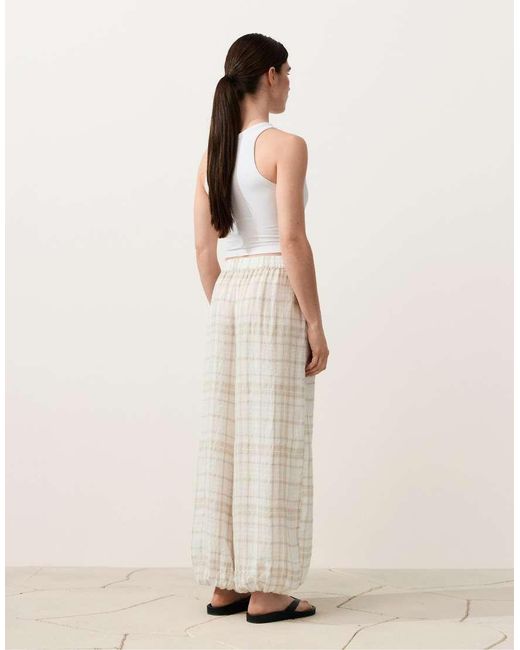 Oysho Natural Long Checked Bloomer Trousers With Side Pockets.65% Linen