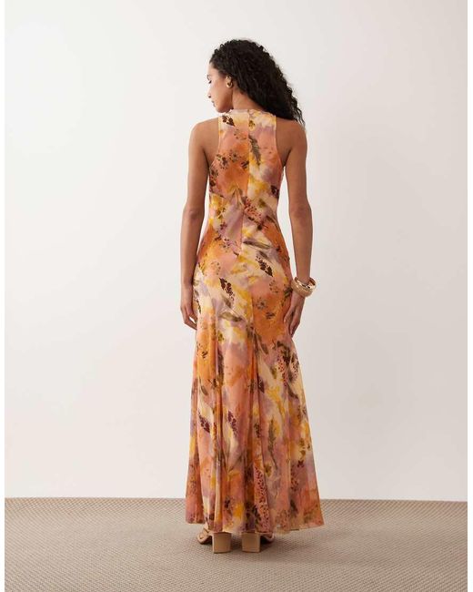 ASOS Multicolor Racer Neck Bias Maxi Dress With Godet Hem Orange Abstract Print