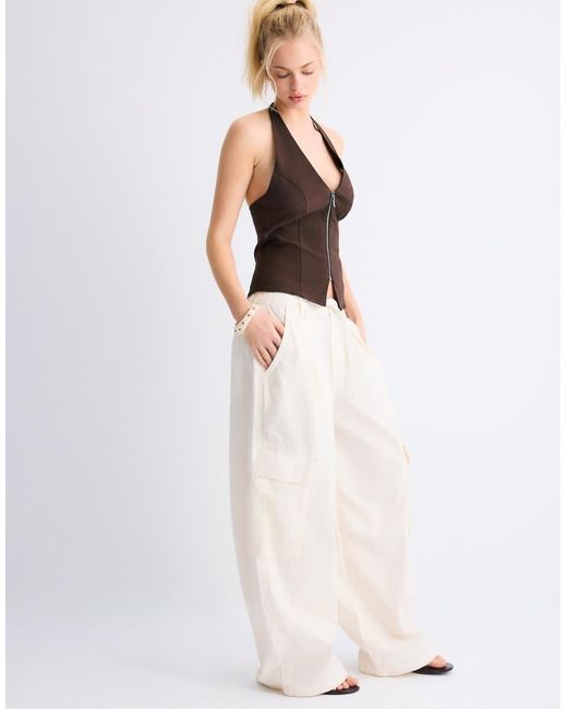 Stradivarius White Poplin Trousers With Stoppers