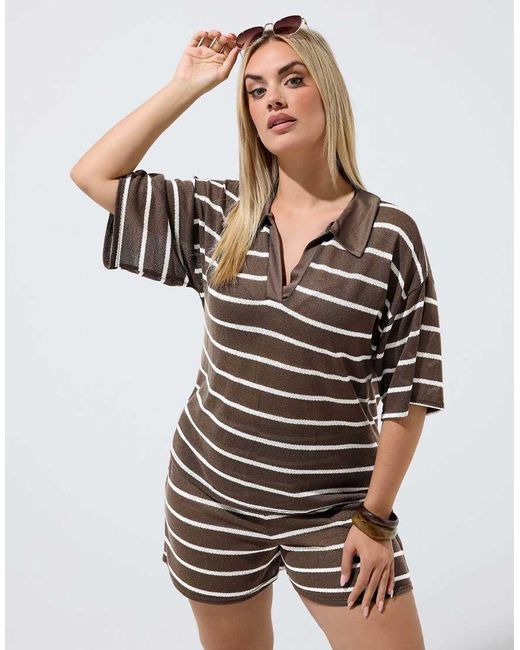 Yours Clothing Brown Stripe Rugby Collar Top