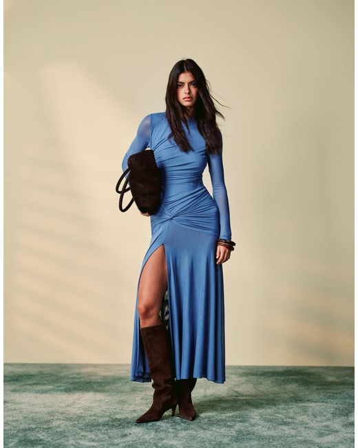 Bardot Ruched Mesh Midi Dress in Blue