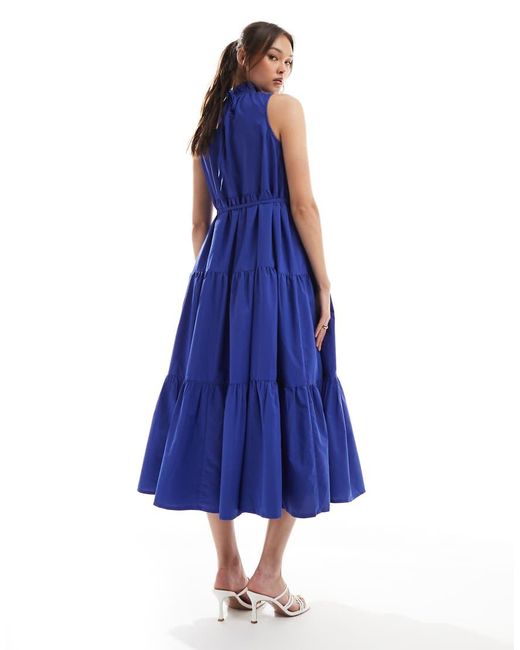 French Connection Blue High Neck Tiered Poplin Midaxi Dress
