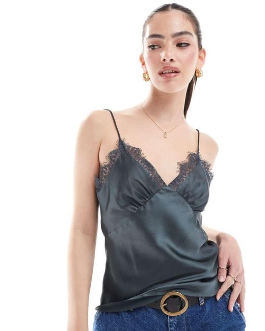 ASOS Gray Satin Cami With Lace Trim