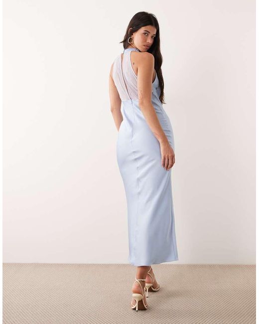 Kaiia Blue Exclusive Satin High Cowl Neck Lace Back Detail Maxi Dress