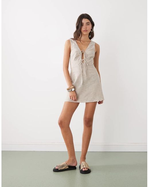 Monki White Linen Blend Tie Front Mini Dress