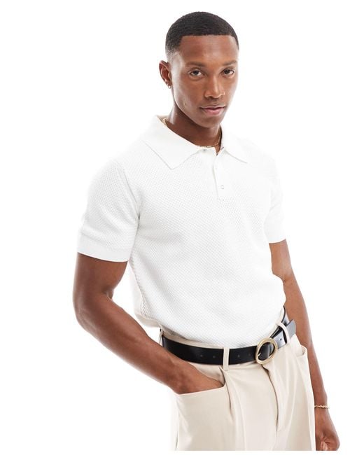 River Island White Textured Knitted Polo for men