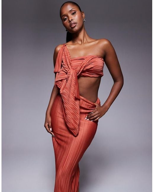 ASOS Red Plisse Cut Out Bandeau Maxi Dress With Twist Detail