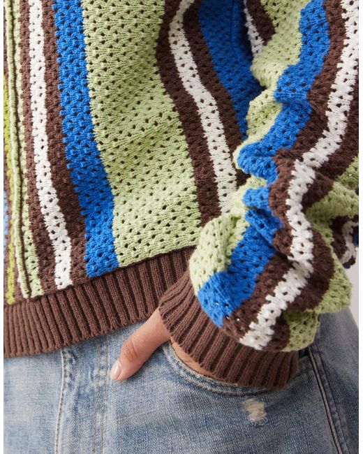 Collusion – mehrfarbig gestreifter pullover mit häkel-optik in Blue für Herren