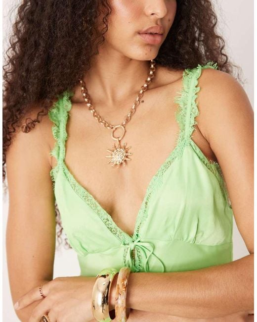 ASOS Green Frill Detail Cami Satin Slip Mini Dress