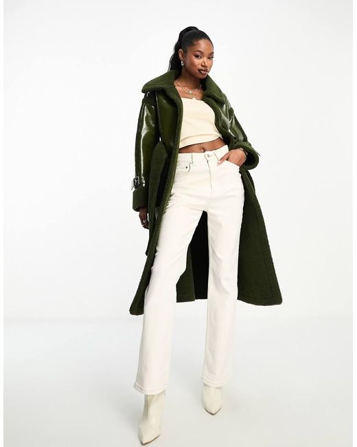 Aria Cove Natural Vinyl Faux Shearling Maxi Belted Coat