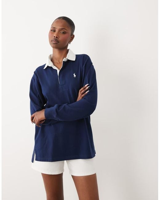 Polo Ralph Lauren Blue Contrast Collar Oversize Fit Rugby Top