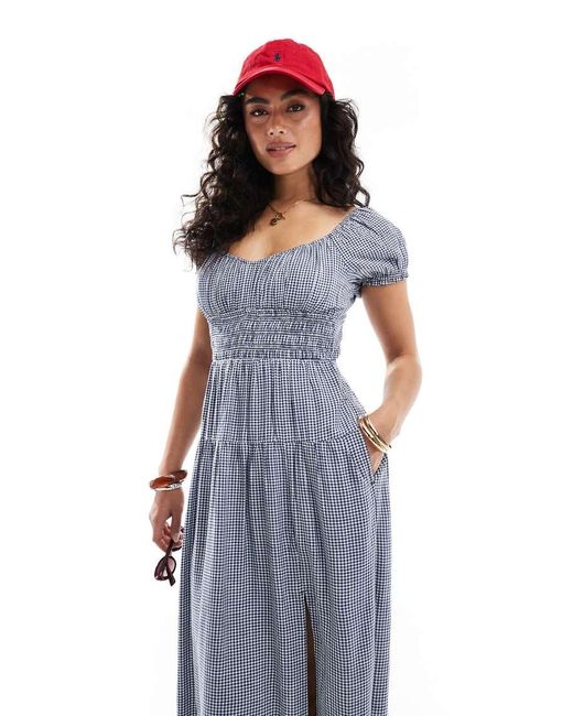 Vestido Largo Azul Pícnic De Estilo Mesonera Y Manga Corta Con Cinturilla Amplia De Hollister de color Blue