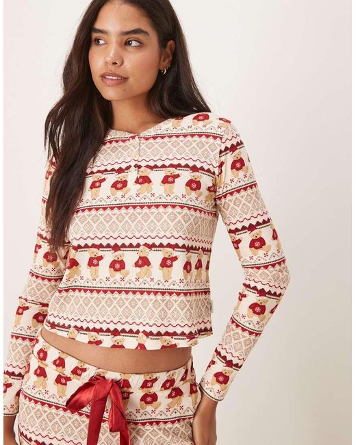 Chelsea Peers Pink Christmas Teddy Fairisle Henley And Trouser Pyjama Set