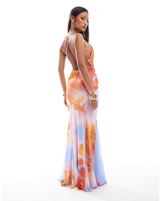 ASOS Diepuitgesneden Maxi Jurk Van Mesh Met Volle Rok Met Godet-Plooien En Abstracte Bloemenprint in het White
