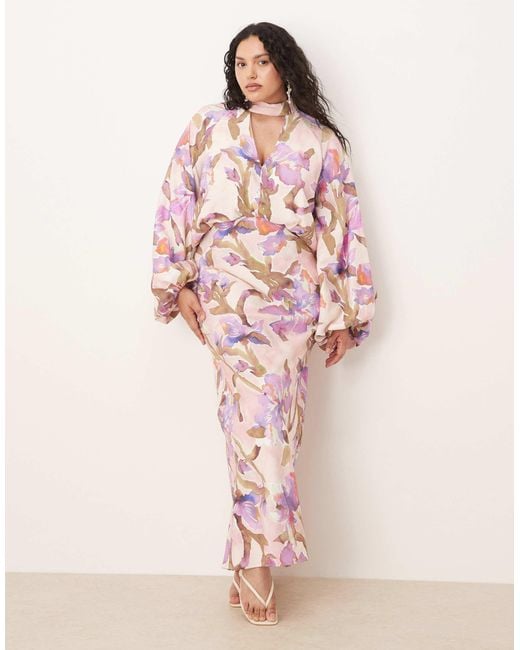 ASOS Pink Asos Design Curve High Neck Plunge Maxi Dress With Blouson Sleeves