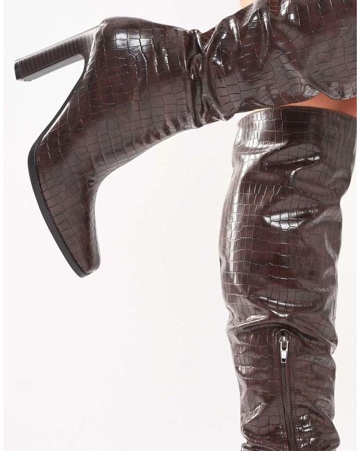 Public Desire Brown Acquilla Croc Knee High Flared Heel Boots