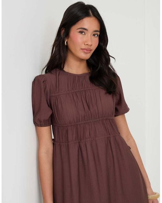 Threadbare Brown Ruched Drawstring Puff Sleeve Midi Dress