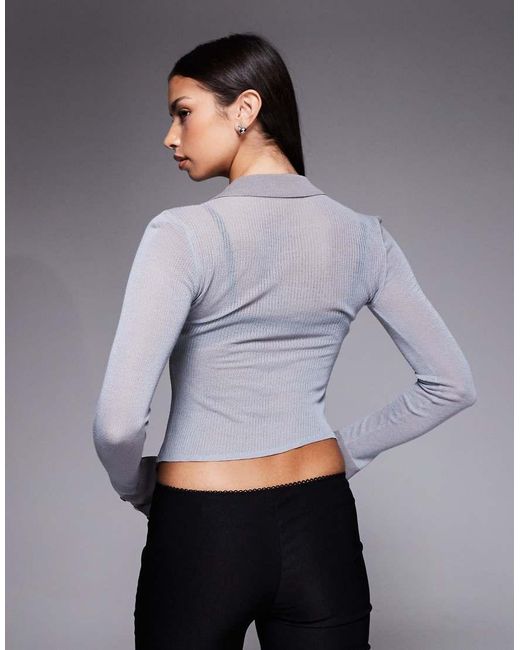 I.AM.GIA Gray Davina 90s Fine Rib Knit Asymmetric Button Detailing Fitted Shirt