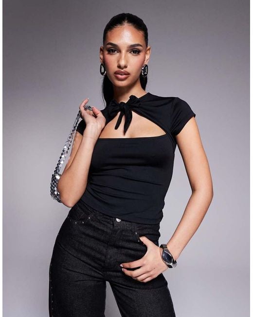 ASOS Black Tie Front Cut Out Cap Sleeve Top