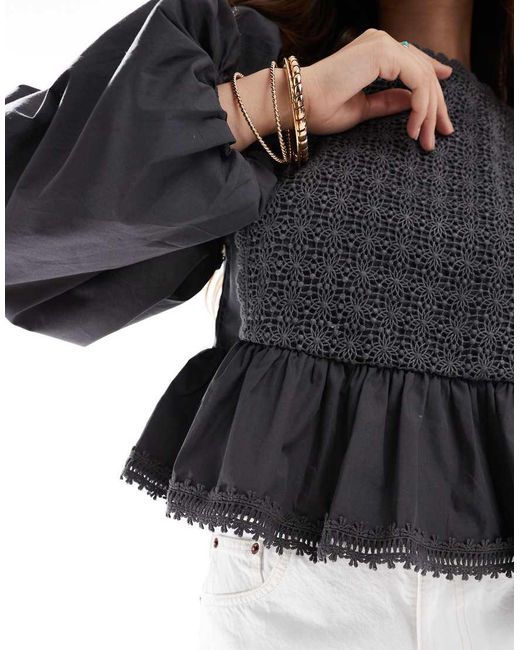 ASOS Black Lace Insert Bib Detail Long Sleeve Top