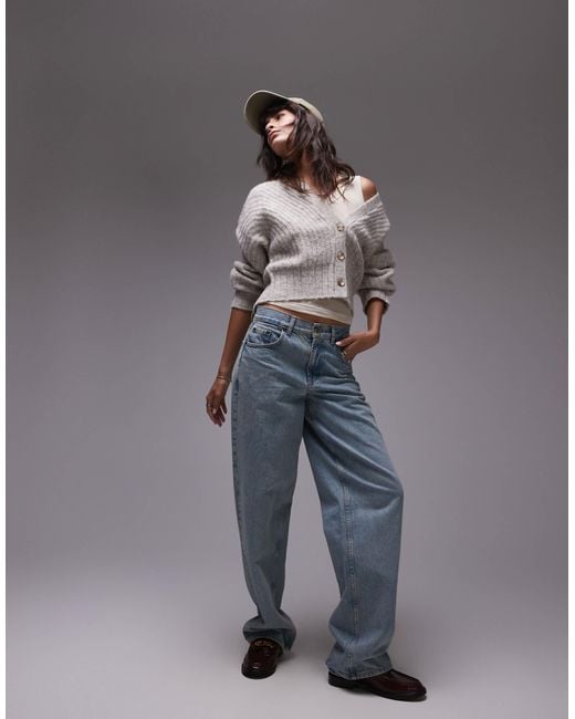 TOPSHOP Gray Knit Ovoid Sleeve V-neck Cardigan