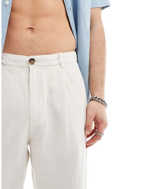 SELECTED White Loose Fit Cropped Linen Mix Trouser for men
