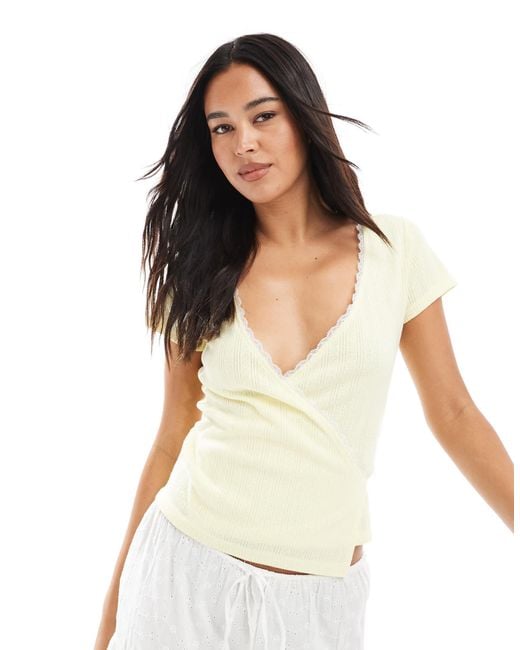 Miss Selfridge White Pointelle Lace Trim Wrap Top