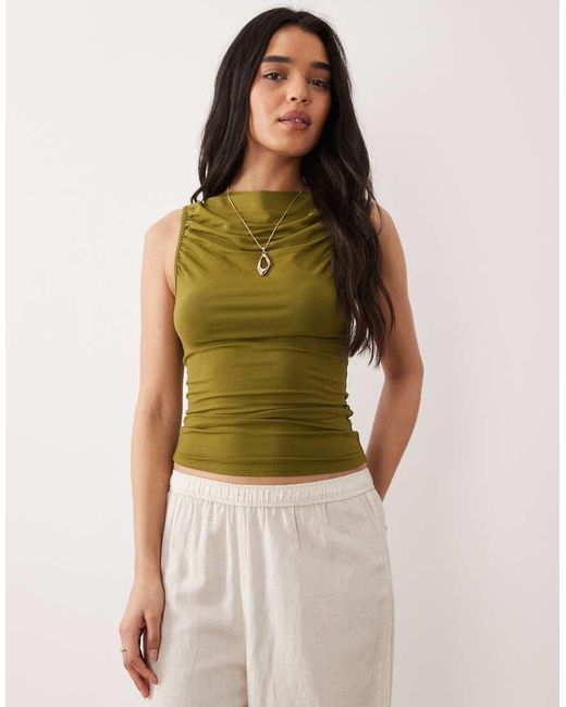 Miss Selfridge Green Ruched Front Slash Neck Top