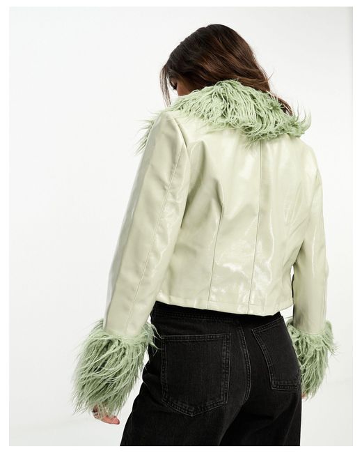 ONLY Green Vinyl shaggy Faux Fur Trim Jacket