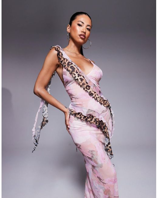 ASOS Gray – geblümtes maxikleid aus netzstoff mit schmalen trägern und rüschen mit animal-print