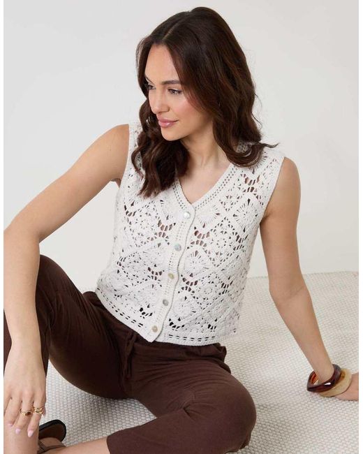 Threadbare White Crochet Button Up Vest