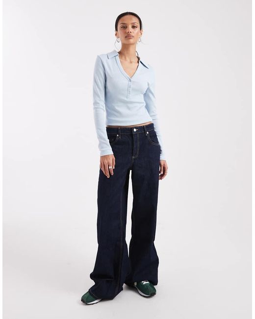 ASOS White Shrunken Rib Henley Long Sleeve Top With Collar