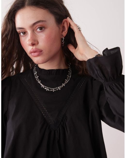 Reclaimed (vintage) Black Smock Top With Flare Sleeve And Lace Inserts