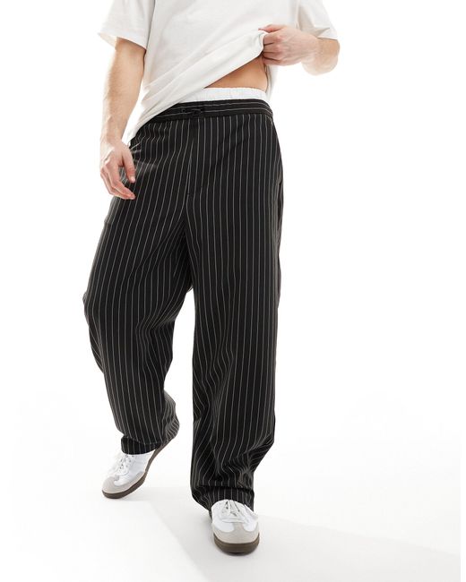Bershka Black Wide Leg Stripe Tailored Pants With Boxer Detail for men