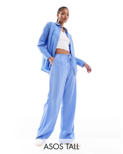 ASOS Blue Asos Design Tall Wide Leg Pull On Pants With Linen