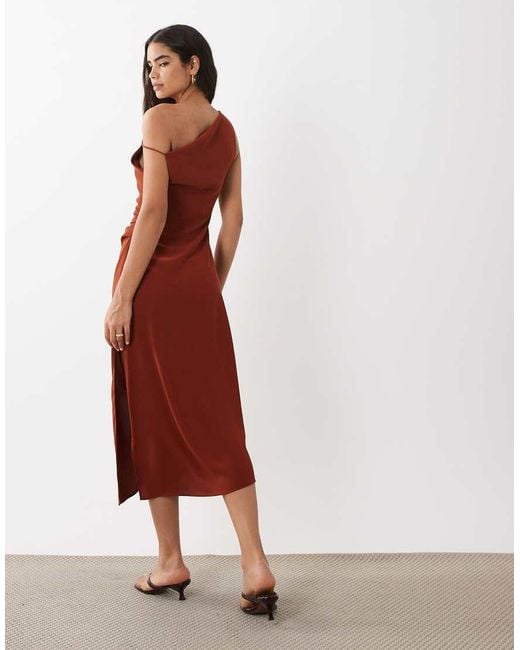 Mango Red Satin Cowl Neck Asymmetric Midi Dress