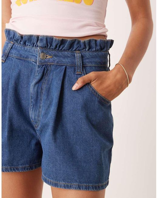 ASOS Blue High Rise Pleated Denim Short With Paperbag Waist
