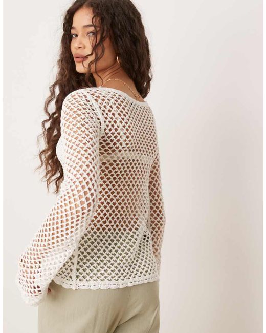 Mango Natural Cotton Tie Front Long Sleeve Crochet Cardigan With Rose Detail