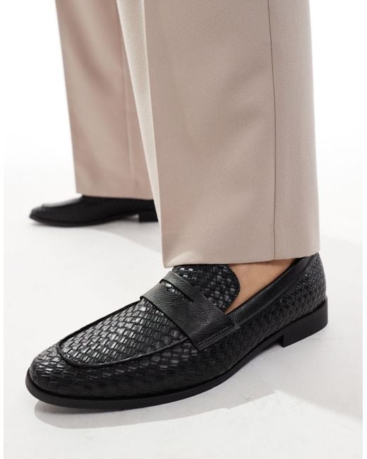 London Rebel Black Faux Leather Woven Loafers for men