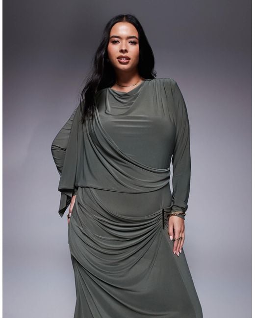 ASOS Women's Gray Asos Design Curve Long Sleeve Drape Maxi Dress