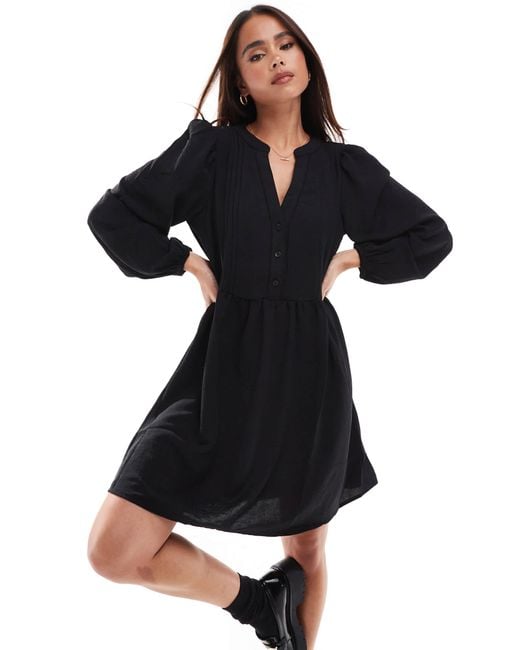 Vero Moda Black V-neck Smock Mini Dress With Puff Sleeves